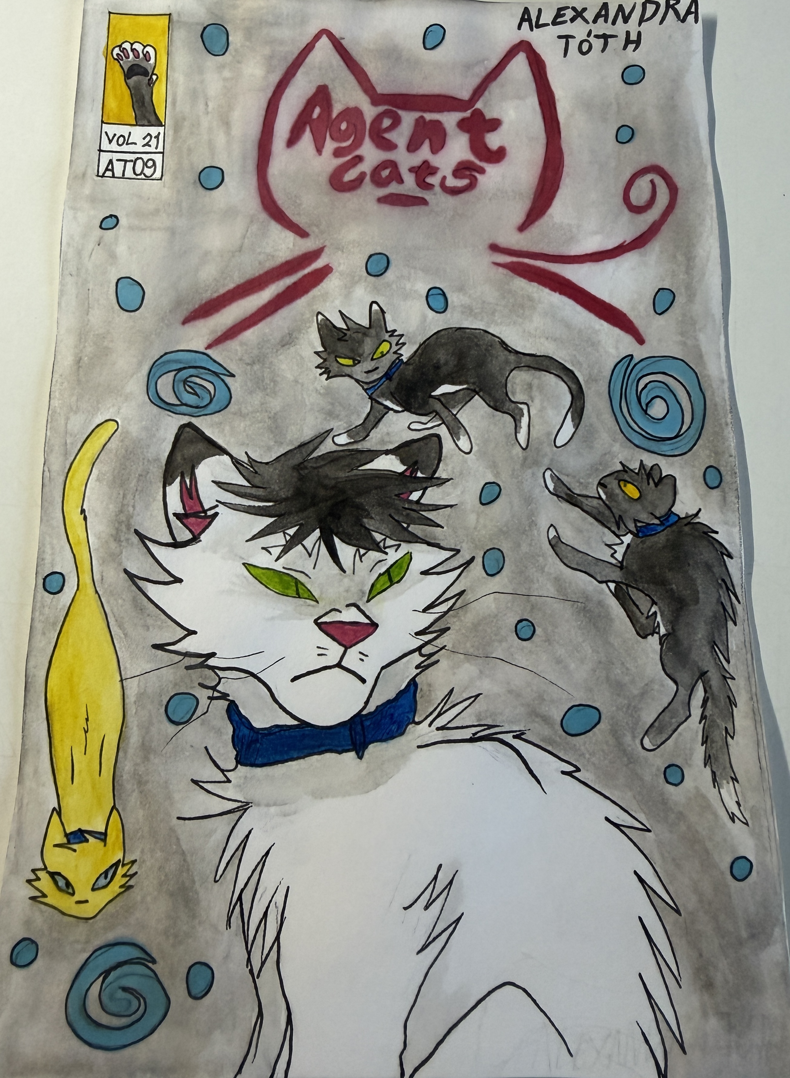 Hand-painted paper version of the Agent Cats cover concept featuring Indo, Honey, Star, and Mike