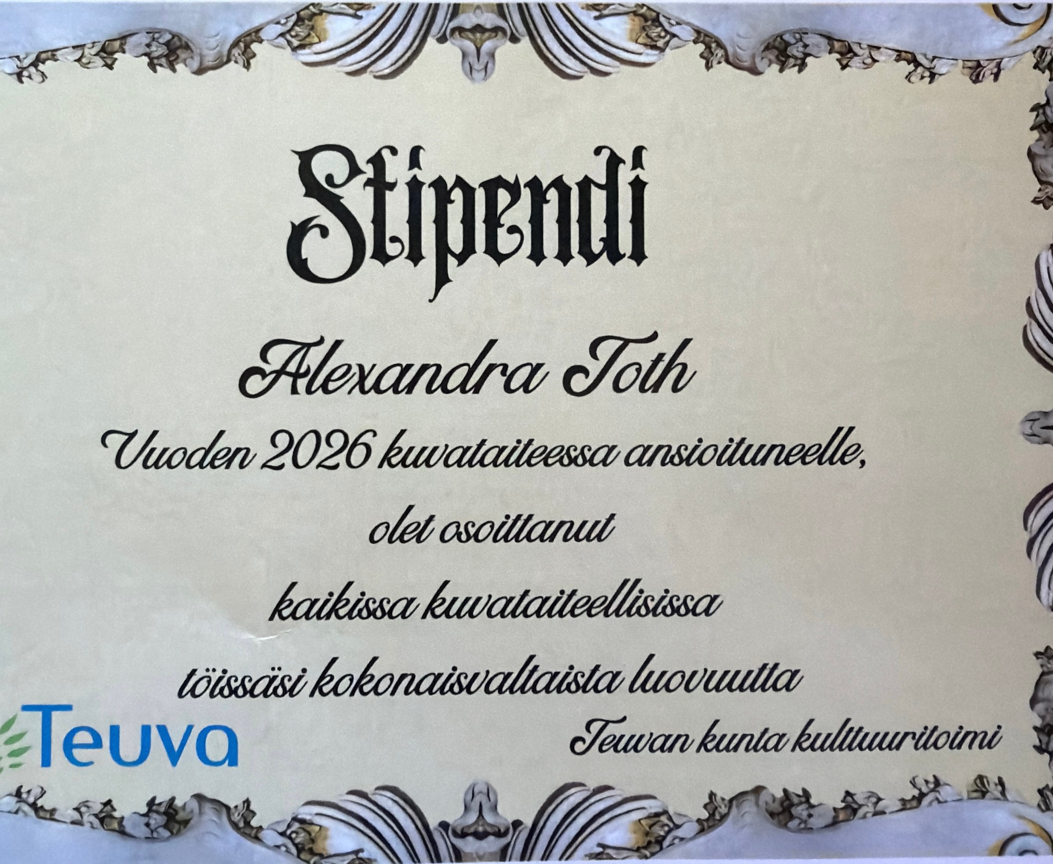 Visual Arts Award certificate presented to Alexandra Toth by the Cultural Services of the Municipality of Teuva