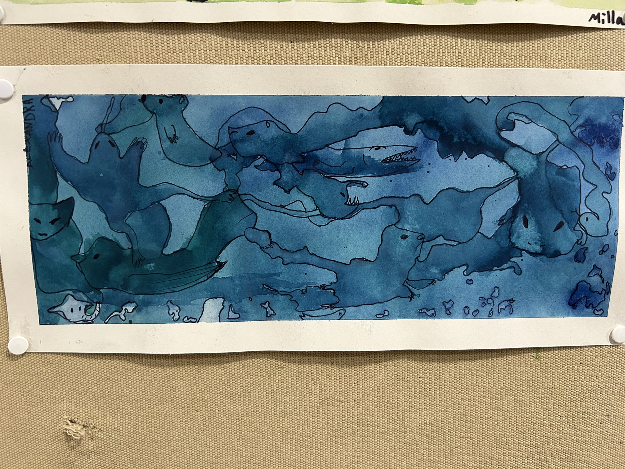 Watercolor flows school painting with animal forms drawn over watercolor shapes