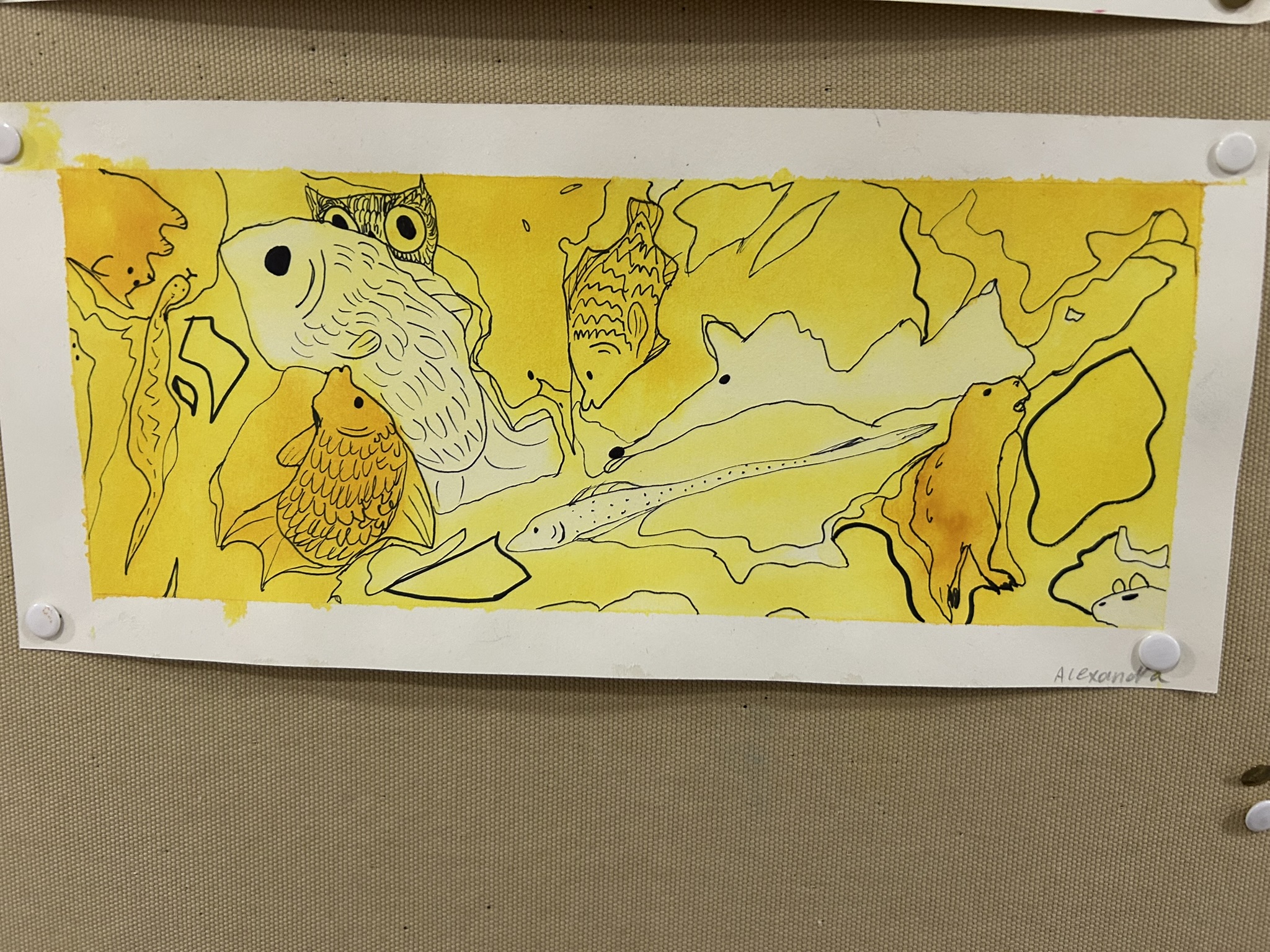 Another Watercolor flows school painting with animal forms drawn over watercolor shapes