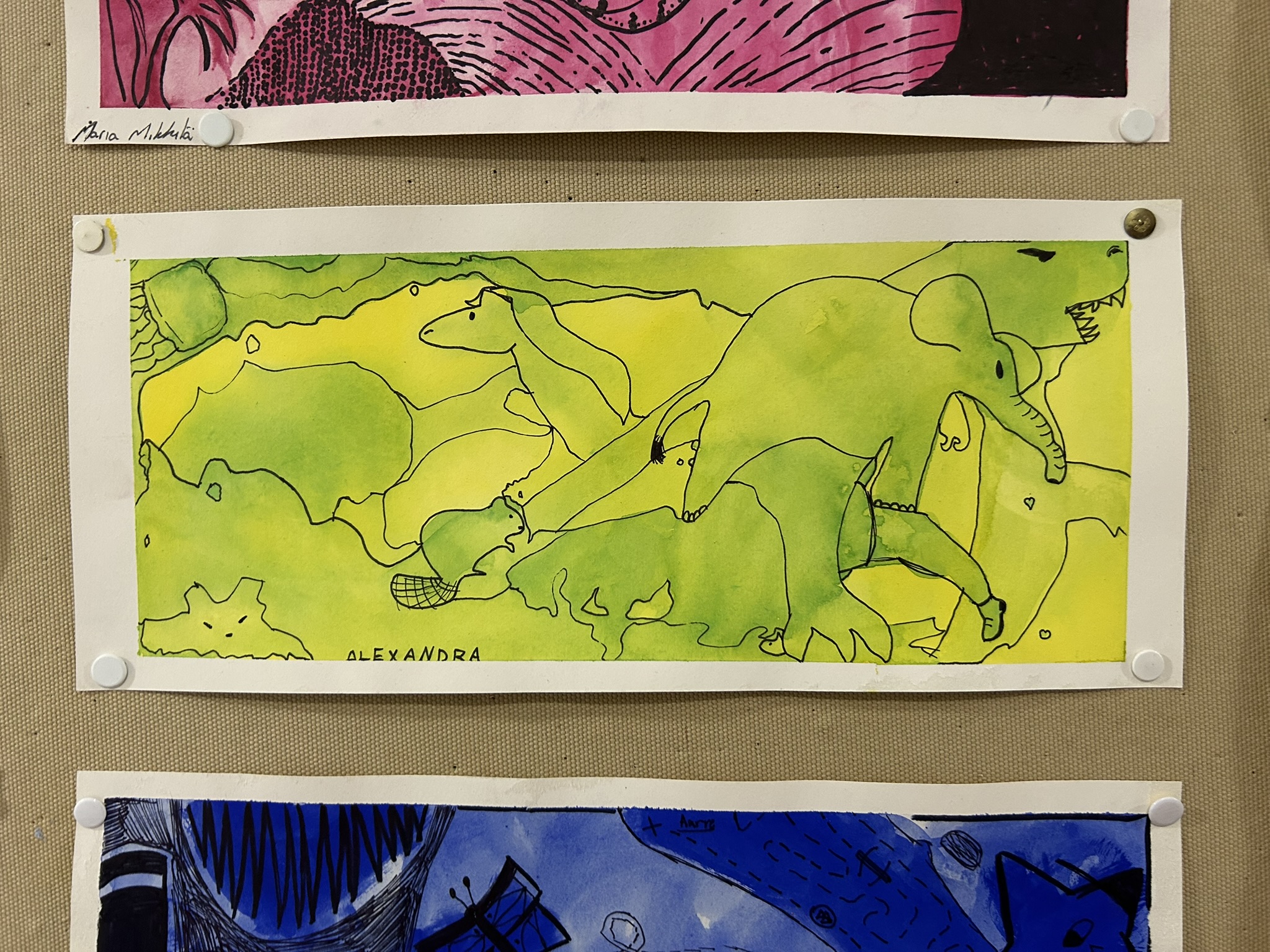 A third Watercolor flows school painting with animal forms drawn over watercolor shapes